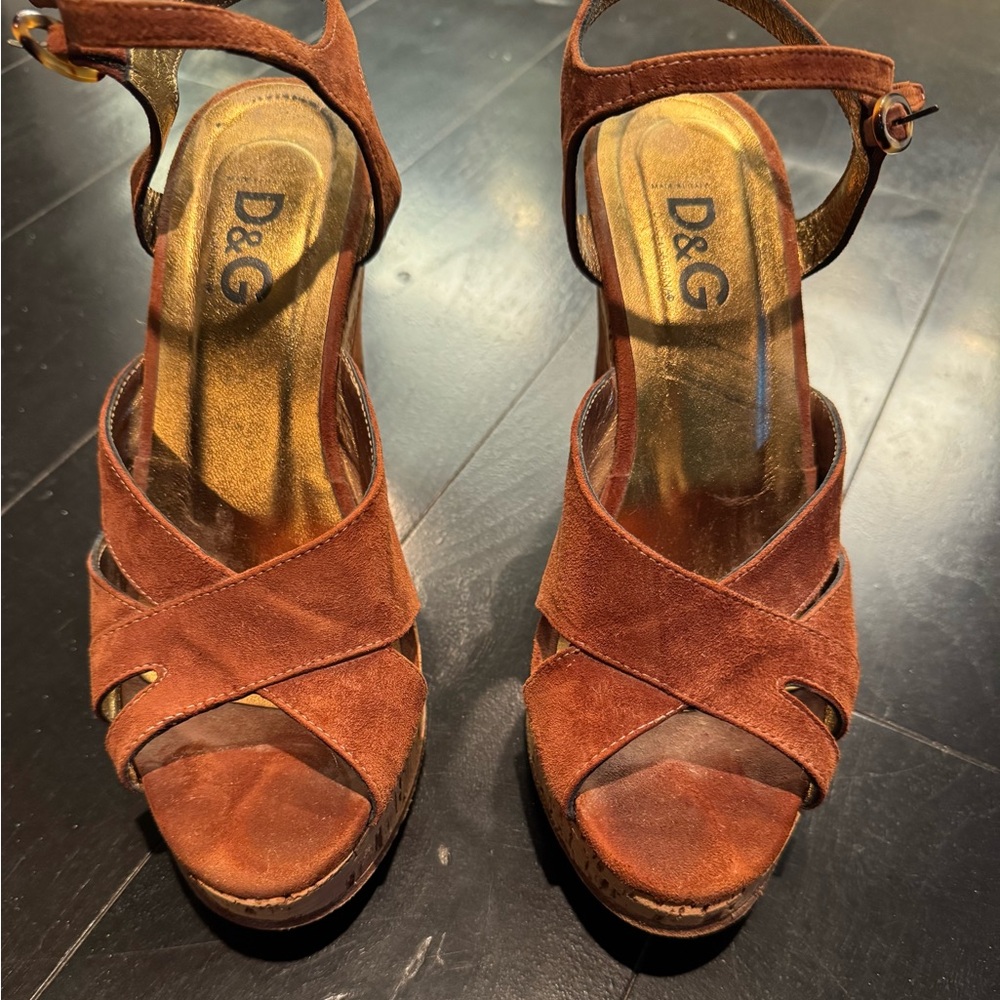 Authentic Dolce & Gabbana Women’s Brown Suede Wedge Sandals